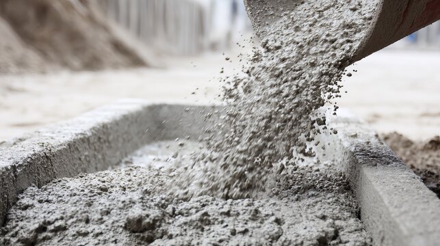 Construction process: pouring concrete mix into a formwork, creating a solid foundation for a new building project