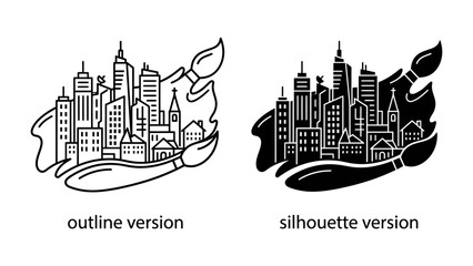 Artistic Cityscape: A stylized cityscape rendered in both outline and silhouette versions, accompanied by a paintbrush, symbolizing creativity and urban art. © sohag