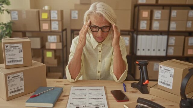 Woman holding hands to head over shipping labels, boxes and barcode scanner at packing table building; stress small business shipping.
