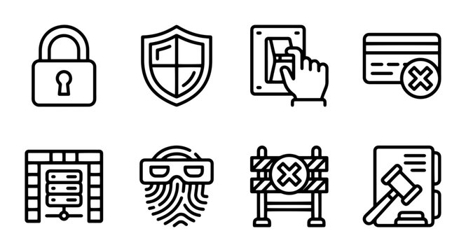 Security Icons Set: Protection, Access, Data, Law & Order, Cyber Safety, Digital Identity, Network Firewall, Transaction Blocked