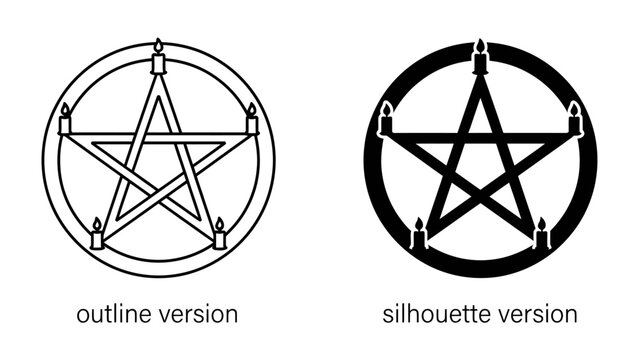 Pentagram with Candles Icon: A symbolic representation of a pentagram within a circle, adorned with five candles. Available in outline and silhouette versions.