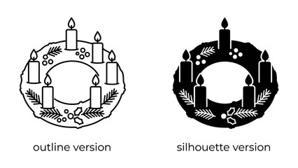 Advent Wreath Duo: A striking pair of Advent wreaths, presented in both an outline and a silhouette version, each adorned with burning candles, holly, and berries. © harun