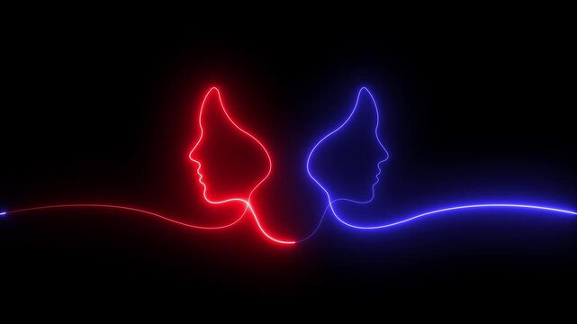 glowing neon Continuous line of two human profiles faces in opposite directions icon isolated on black background. representing duality and mental health. 4k video animation.