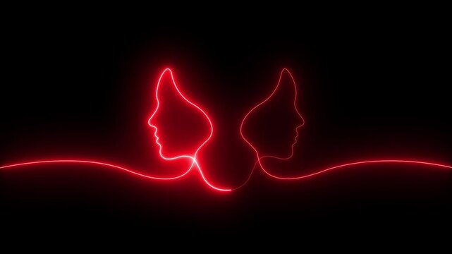 glowing neon Continuous line of two human profiles faces in opposite directions icon isolated on black background. representing duality and mental health. 4k video animation.