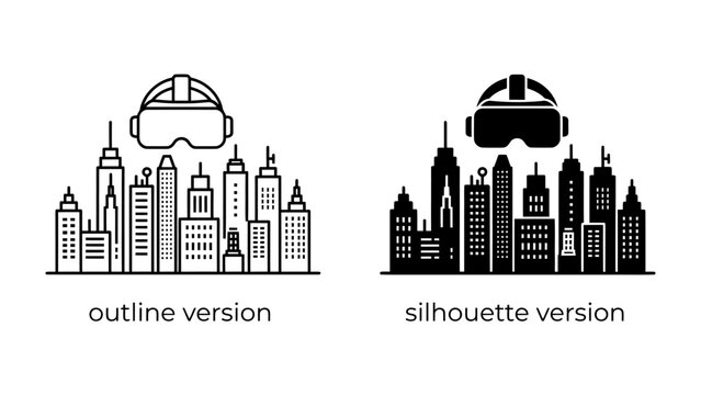 Virtual Cityscape: A depiction of a modern cityscape with towering skyscrapers, paired with a virtual reality headset, illustrating the fusion of urban environments and immersive technology.