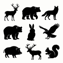 Fototapeta premium Vector silhouette set of wild forest animals including deer, bear, wolf, rabbit, eagle, boar, and squirrel isolated on a white background.