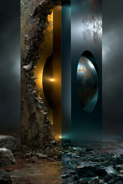 ancient and futuristic split poster background with contrasting eras, retro and modern divided poster with warm and neon contrast, old and new opposition design featuring decay and renewal