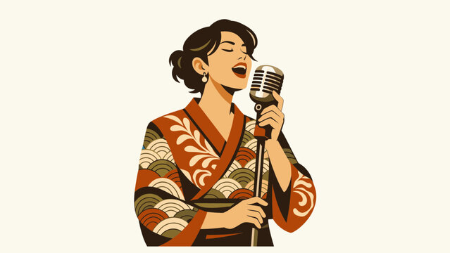 Elegant woman in a beautifully patterned Japanese kimono passionately singing into a vintage microphone, embodying a timeless musical performance with cultural grace