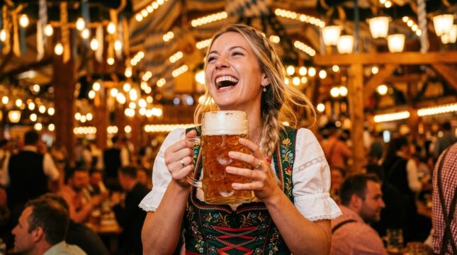 Side view portrait of a happy female visitor raising an illuminated glass mug of lager inside crowded festival arena