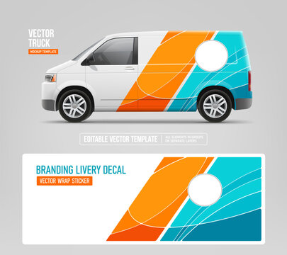 Company Van Branding graphics of abstract graphics design. Side view Van, Truck mockup with orange stripe branding wrap design. Branding vehicle with space for your logo design. Editable vector