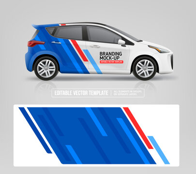 Side view hatchback Car with branding wrap design of Abstract blue graphics for corporate identity. Corporate Car mockup. Branding vehicle mockup. Sport car wrap design. Editable vector template