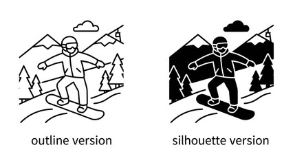 Snowboarding Adventure: An energetic snowboarder carves down a snowy mountain slope, captured in both outline and silhouette versions, highlighting the thrill of winter sports and adventure. © sohag