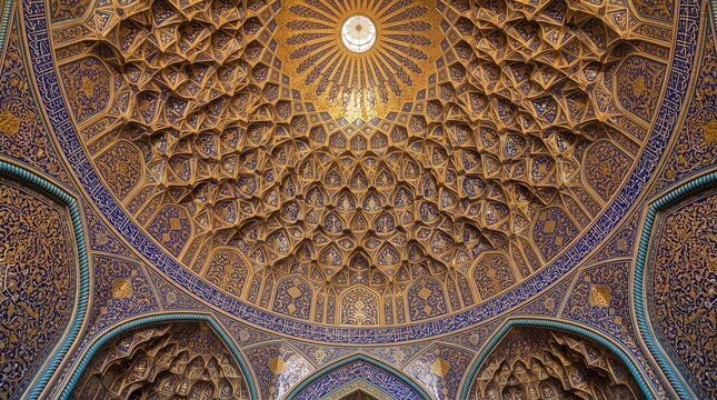 Intricate persian tilework on the interior dome of the sheikh lotfollah mosque in isfahan, iran