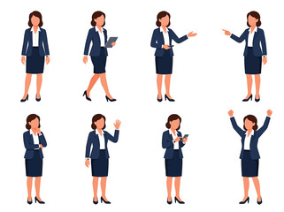 Fototapeta premium Faceless professional women in business vector illustrations. Diverse corporate female figures for workplace design and branding projects.