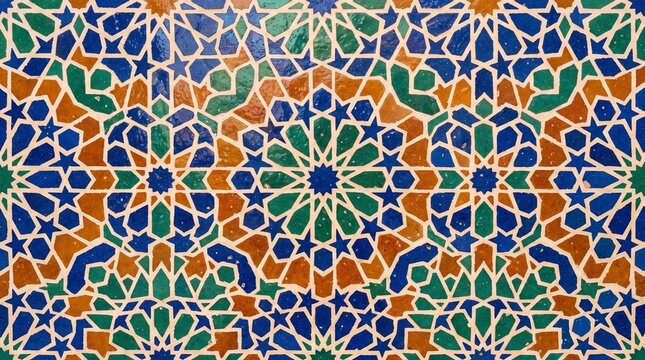 Intricate moroccan zellige tile pattern with geometric star motifs in blue, green, and ochre colors