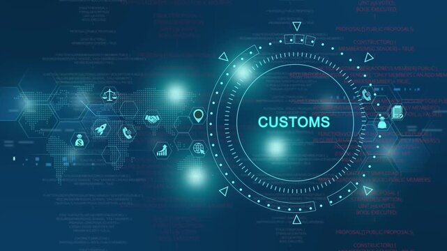Digital customs interface with global data network and hud analytics, futuristic trade and logistics technology background