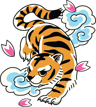 Cute Japanese Tattoo Tiger And Flower Petals