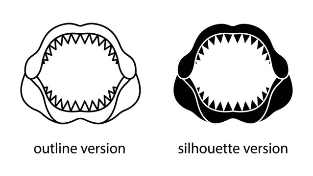 Shark Jaw Set: A collection of illustrated shark jaws, presented in both an outline and silhouette version, showcasing sharp teeth and menacing mouths.