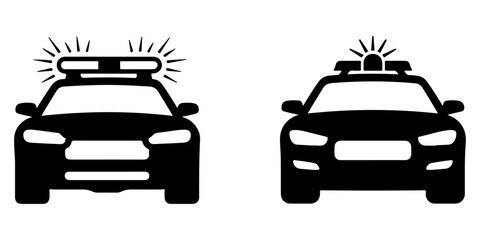 Front view police and emergency vehicle silhouette icon set featuring patrol cars with rooftop warning lights in minimalist © MSTROUJATOUS