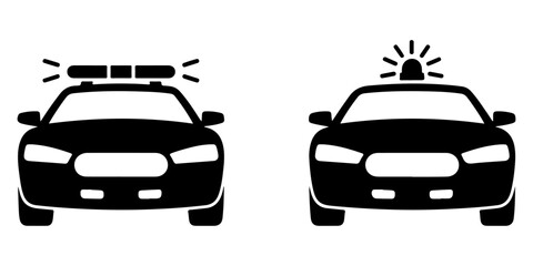 Front view police and emergency vehicle silhouette icon set featuring patrol cars with rooftop warning lights in minimalist © MSTROUJATOUS