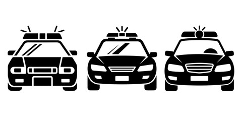 Front view police and emergency vehicle silhouette icon set featuring patrol cars with rooftop warning lights in minimalist © MSTROUJATOUS