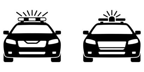 Front view police and emergency vehicle silhouette icon set featuring patrol cars with rooftop warning lights in minimalist © MSTROUJATOUS