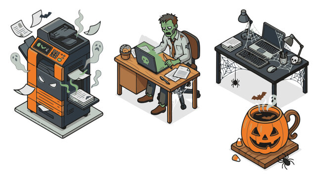 Orange green and grey isometric halloween office workplace vector icons