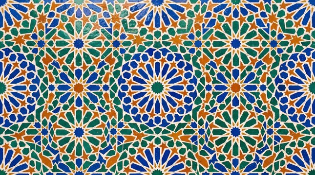 Traditional moroccan zellige tile pattern with intricate geometric star and polygon shapes in blue, green, and orange colors