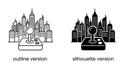 Retro Gaming Metropolis: A joystick sits in the foreground against a backdrop of a stylized cityscape, presented in both an outline and silhouette version. © abu