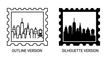 Obraz premium Cityscape Stamp Designs: Two contrasting stamp designs featuring a cityscape; one in an outline style, and the other as a solid silhouette.