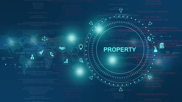 Digital property smart contract interface with blockchain technology and global network data visualization