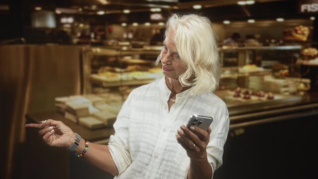 Blonde middle age woman holding smartphone and pointing finger toward pastries at a bakery counter in a building; curiosity choice.