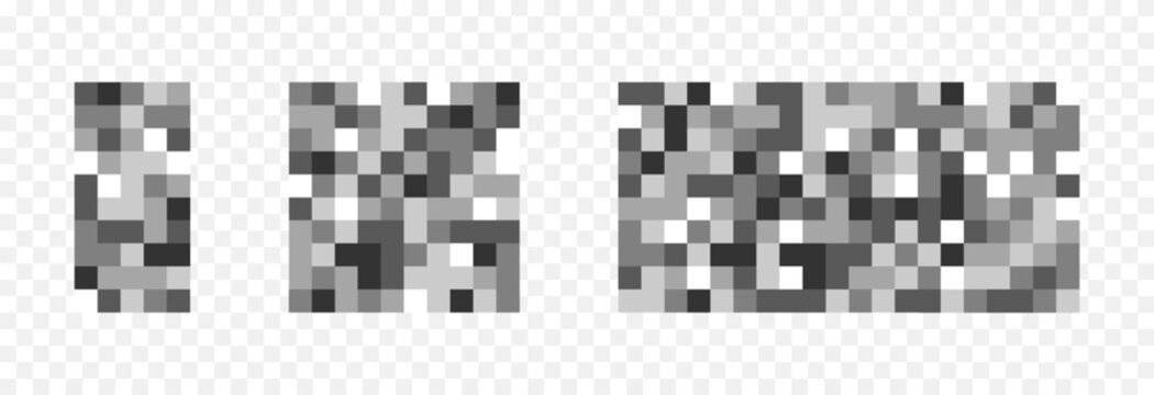 Gray pixelated censorship PNG. Pixelation censorship effect in various shapes. Blurred pixelated texture on a transparent background. Blurred restricted or confidential content.