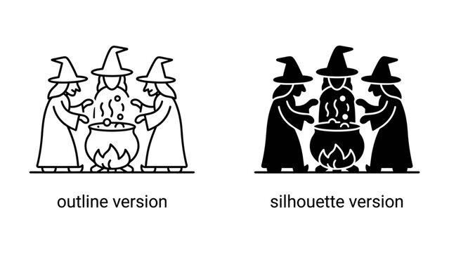 Three Witches Brew Potion: An outline and silhouette depiction of three witches in conical hats, gathered around a cauldron bubbling with mystical potion.