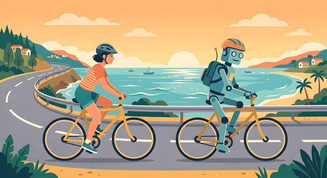 Artificial intelligence robot and woman cycling on a summer road