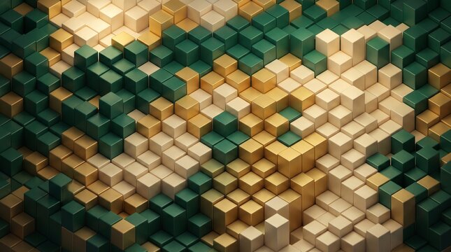 Abstract 3d background with a pattern of green and gold cubes of different heights