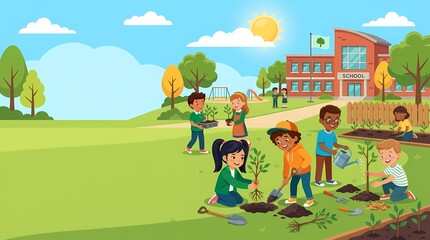 Naklejka premium Diverse Group of Students Planting Trees at School Garden.