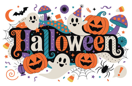 Groovy Retro Halloween Typography Illustration with Cute Ghosts, Smiling Pumpkins, and Spiders