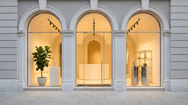 Elegant modern retail store front featuring minimalist arched windows with warm interior lighting and sophisticated display pedestals for luxury products