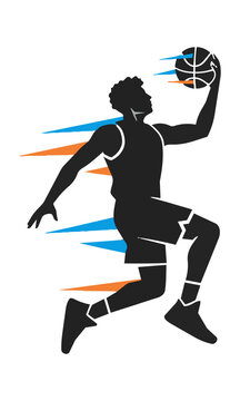 Stylized silhouette of a young basketball player in mid-air dunking pose with geometric shapes. Dynamic sports concept