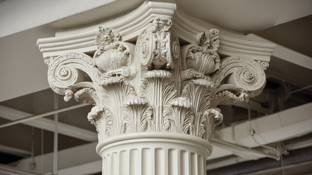Detailed close-up of an ornate classical column capital showcasing intricate carvings and architectural details, a timeless design