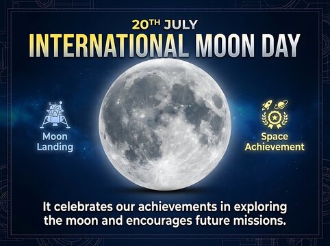 Celebrate international moon day with a full moon and space achievement icons illustration