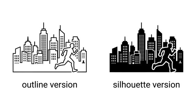 City Runner Duo: A stylized depiction of a runner in motion against a city skyline, presented in both outline and silhouette versions, symbolizing urban activity and ambition.