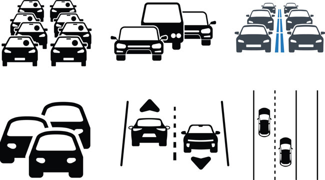 Traffic jam and road congestion conceptual icons set showing vehicles and highway lane flows.