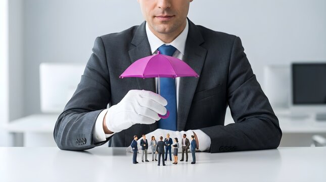 Professional businessman in a dark suit wearing white gloves holds a purple umbrella over a group of tiny office people