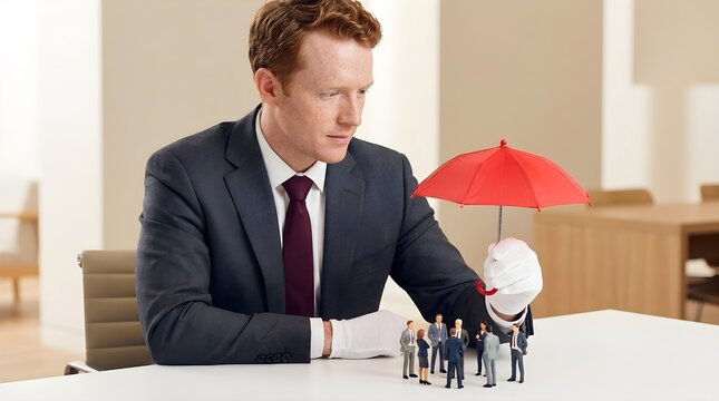 Professional businessman in a dark suit holding a red umbrella over miniature office workers to provide safety and protection