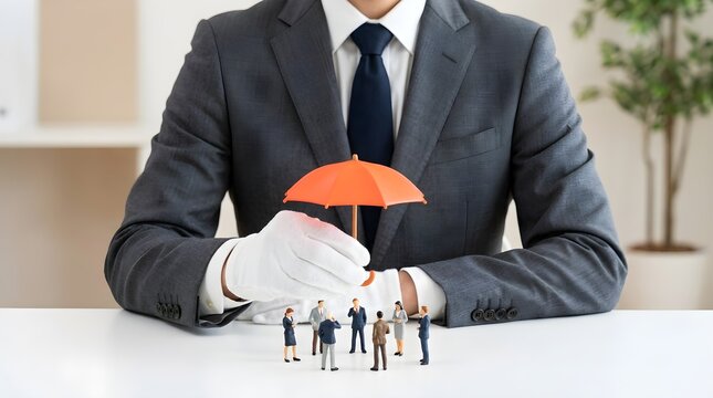 Professional businessman in a grey suit holds a bright orange umbrella over a group of tiny diverse corporate office workers