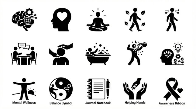 This icon set features 15 minimalist vector silhouettes related to mental wellness and self-care, such as therapy, mindfulness, journaling, and balance symbols, optimized for stock platform contributi