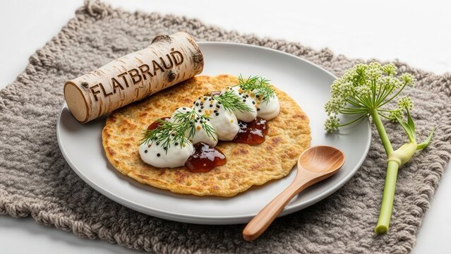 Elegant Flatbread with Skyr Mousse and Birch Syrup Gel on Glacier White Copy Space