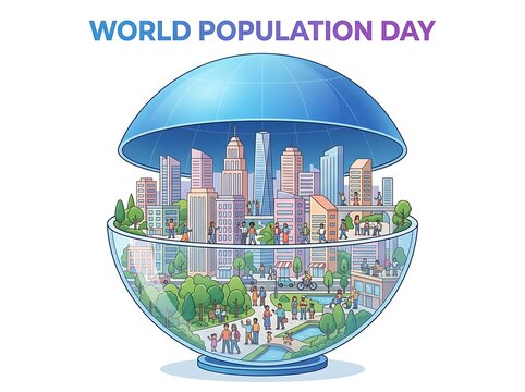 Colorful illustration of a bustling city inside a globe for world population day celebration scene
